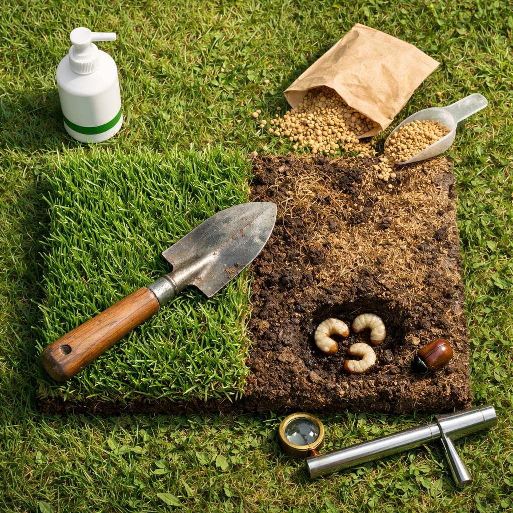 Bird's-eye view of turf slice showing healthy grass vs. brown patches, with lawn care tools and grubs for grub lawn care.