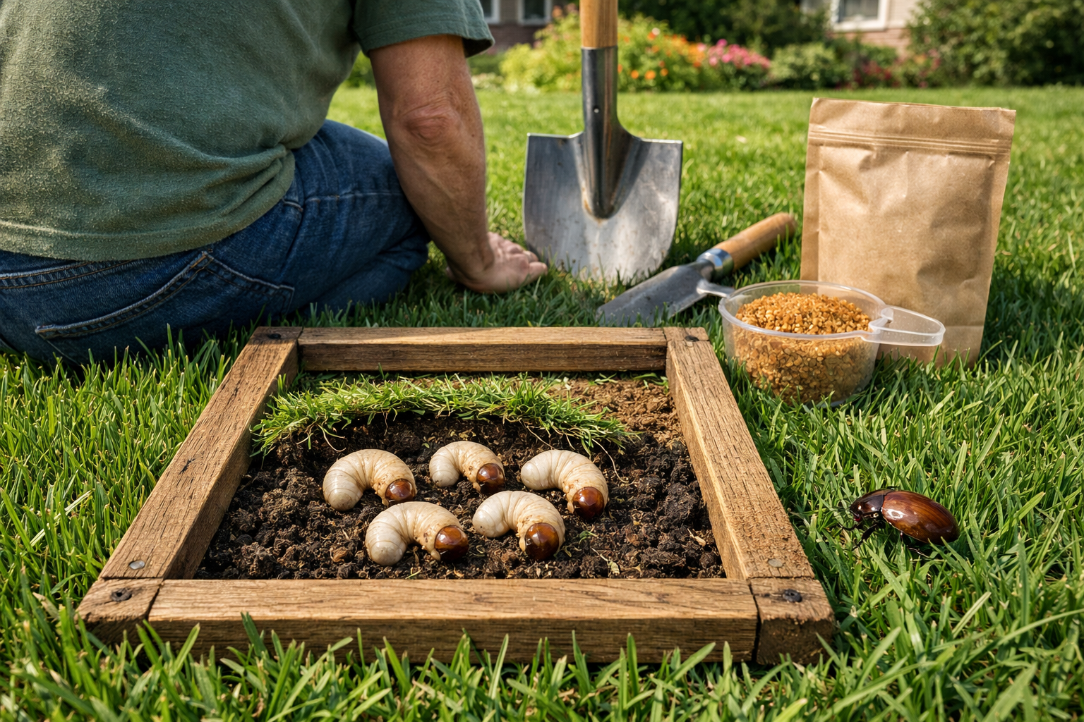 Homeowner kneels on a sunlit lawn, placing a wooden frame over grubs for lawn care; tools and soil visible nearby.
