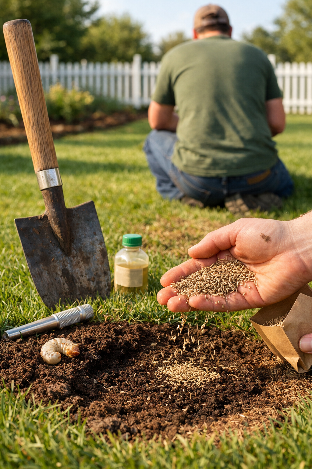 Homeowner kneeling on a lawn overseeding a grub-damaged patch, scattering seeds with a spade and soil probe nearby.