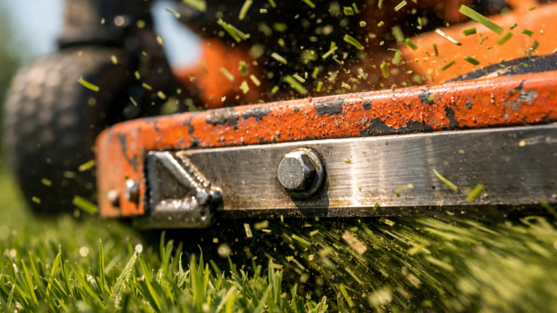 Extreme macro shot of a Scag mower cutting deck, showcasing its rugged design and freshly cut grass in motion.