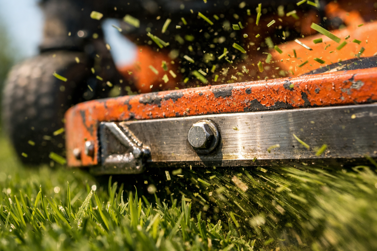 Extreme macro shot of a Scag mower cutting deck, showcasing its rugged design and freshly cut grass in motion.