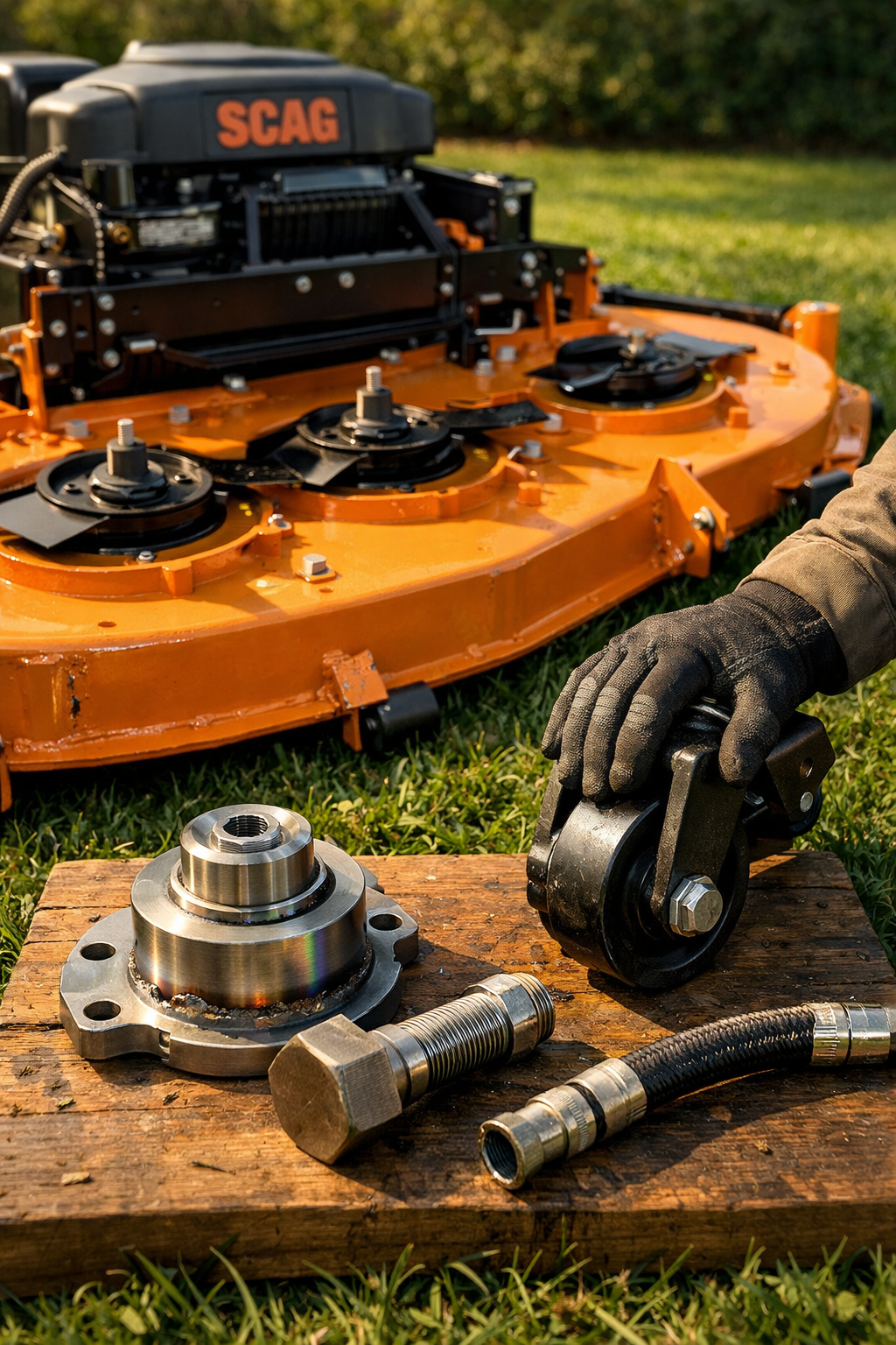 Birds-eye view of a Scag mower's cutting deck and components on a lawn, showcasing robust engineering in warm sunlight.