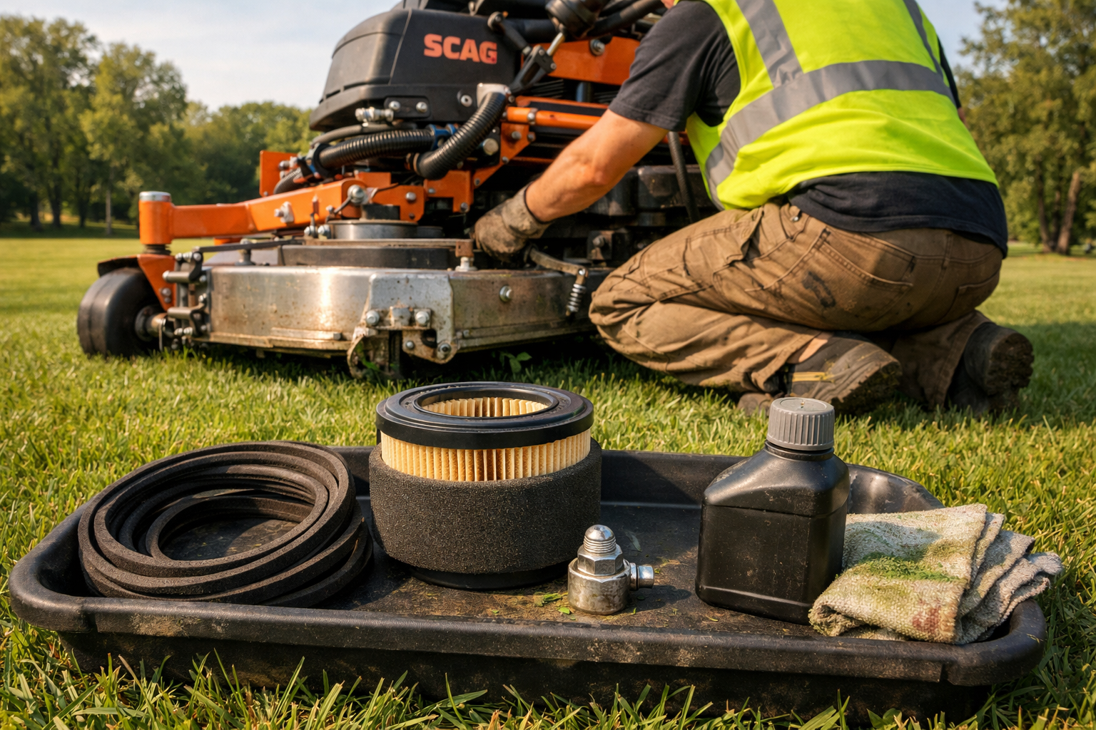 A technician inspects a Scag mower on a freshly cut lawn, surrounded by tools, under a warm, sunlit sky.