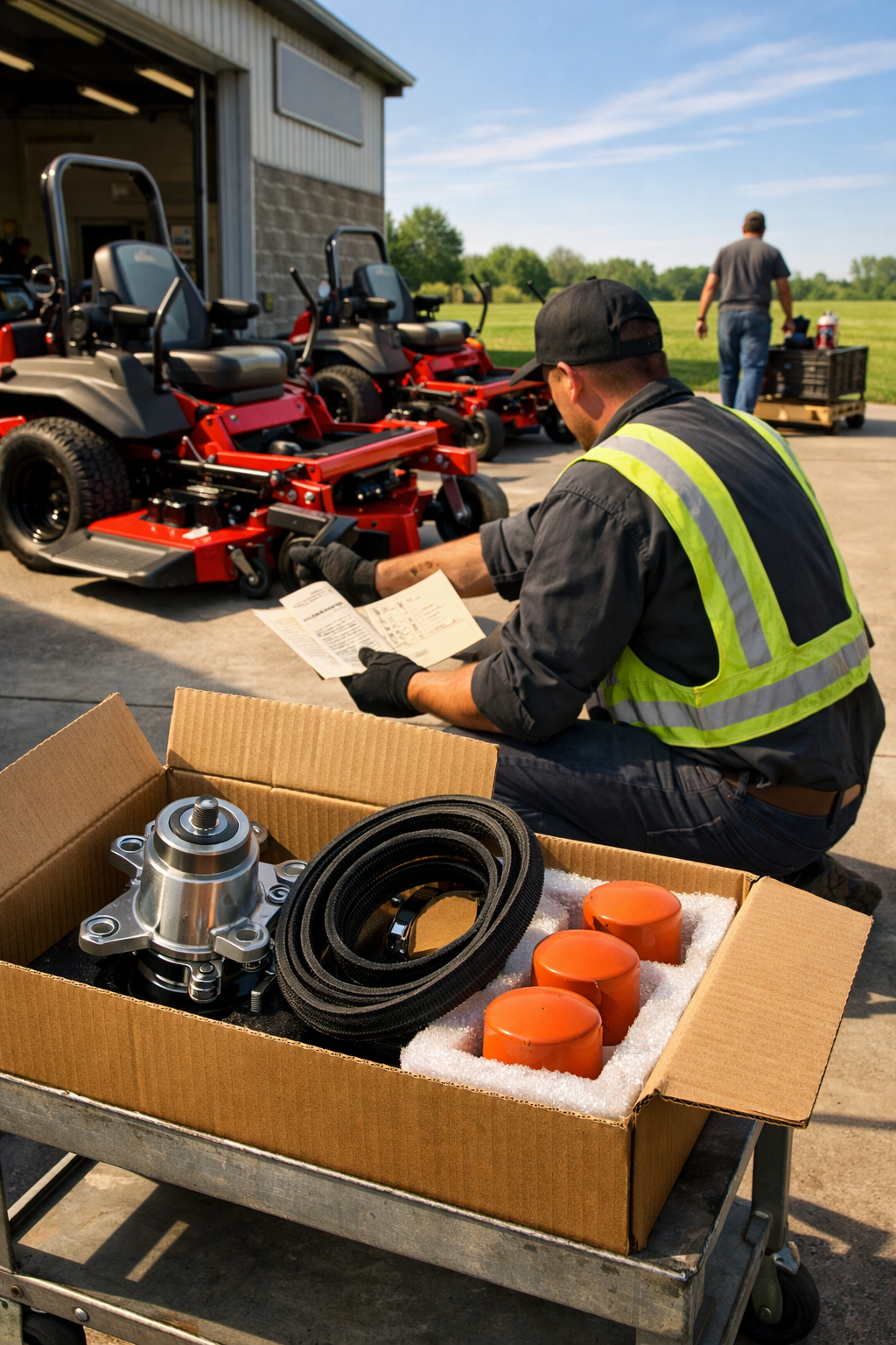 A service bay with scag mowers, a technician inspecting a mower, and a grassy area under a bright blue sky.