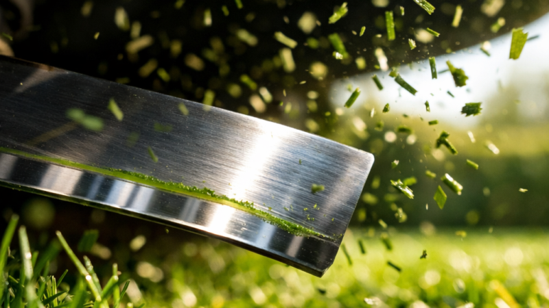 Extreme macro view of a lawn mower mulching deck, showcasing a polished blade and flying grass clippings in motion.