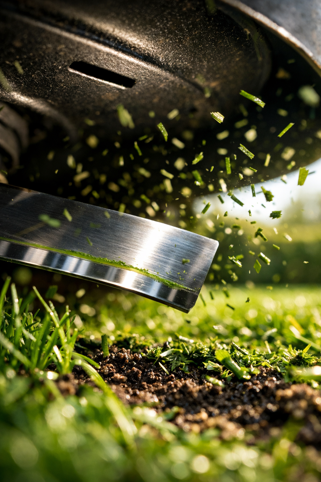 Extreme macro view of a lawn mower mulching deck, showcasing a polished blade and flying grass clippings in motion.