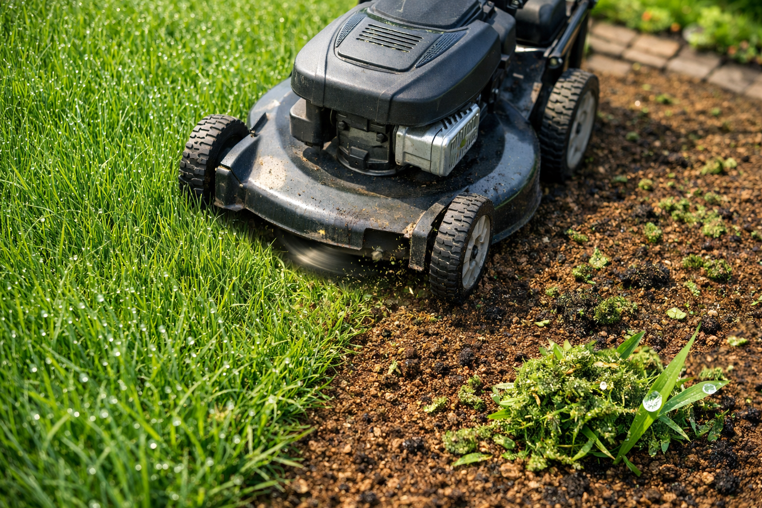 Overhead view of a lawn mower mulching grass, showing uncut grass, mulched soil, and textures in bright sunlight.