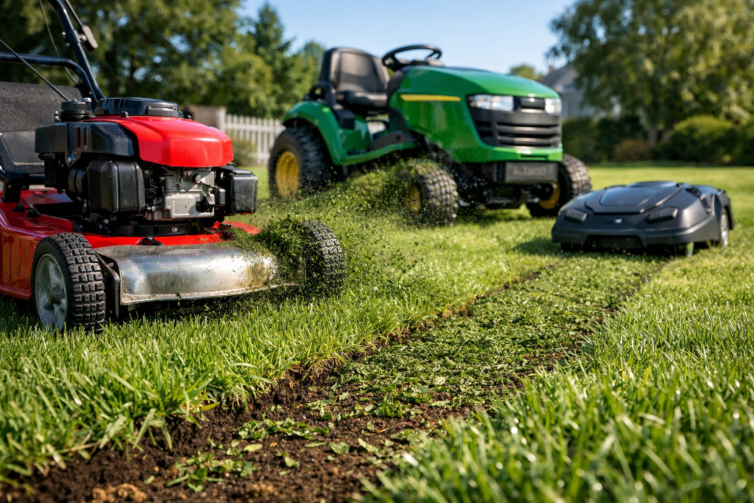 Sunlit suburban lawn showcasing three lawn mower mulching types: a red walk-behind, green tractor, and black robotic mower.