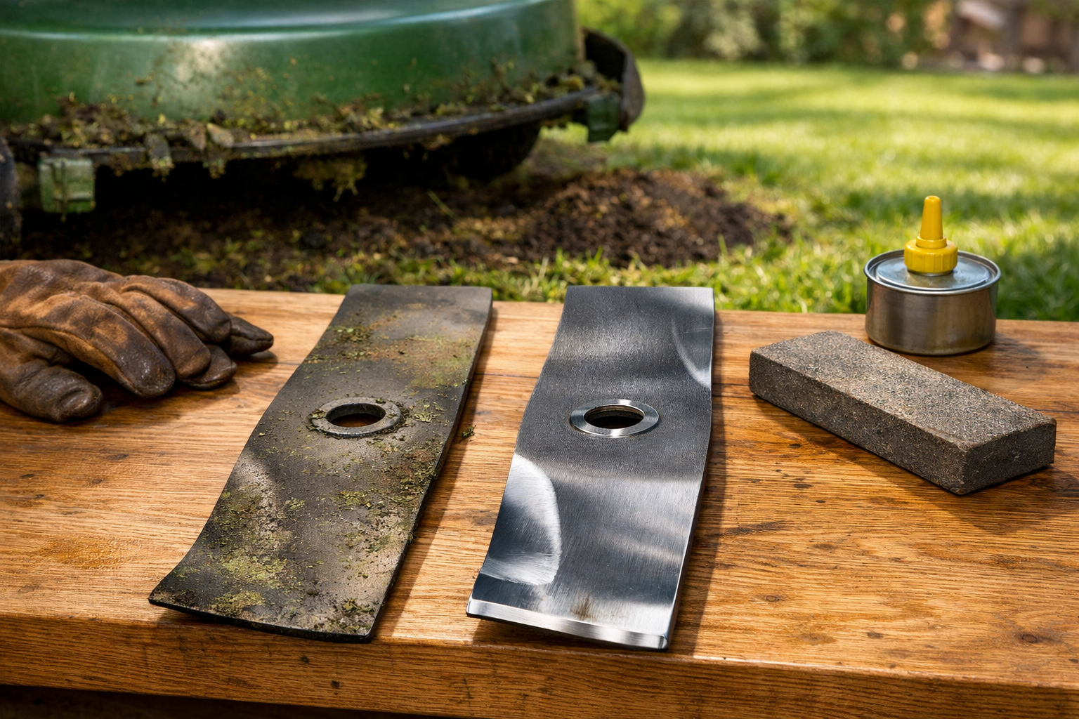 Sunlit oak workbench displays sharp and dull lawn mower mulching strips, tools, and a green-painted mower deck in background.