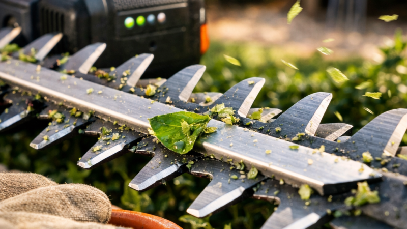 Extreme macro shot of a hedge trimmer's sharp steel teeth, with green clippings, a glove, and a blurred garden backdrop.
