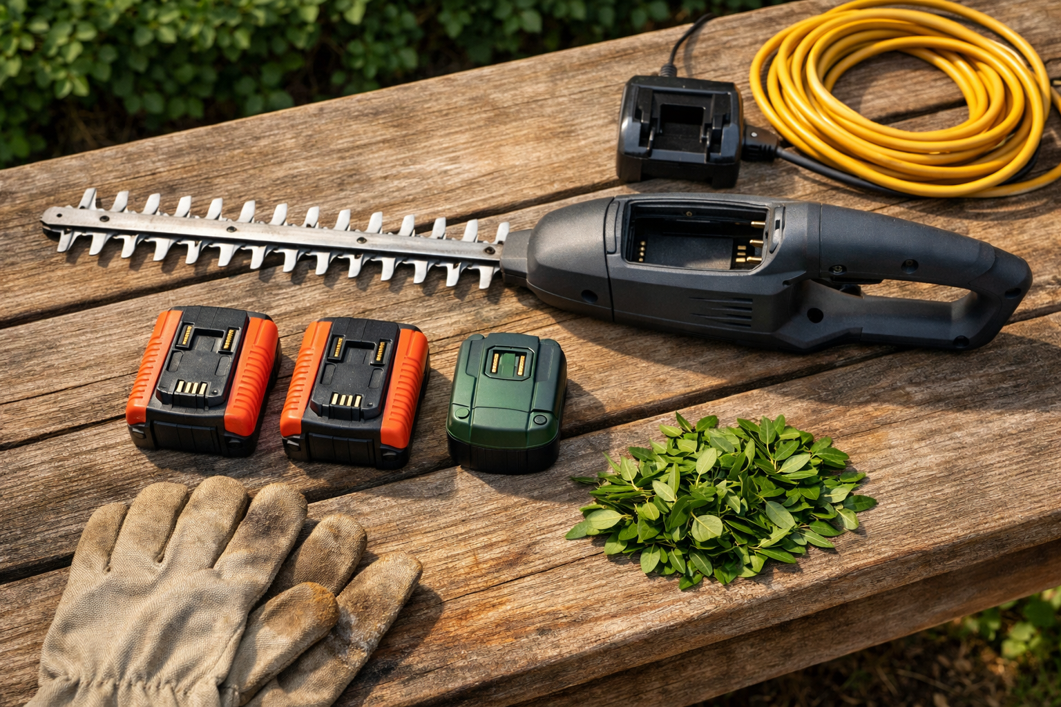 Overhead view of a cordless hedge trimmer on a cedar bench, with batteries, gloves, and clippings arranged neatly.