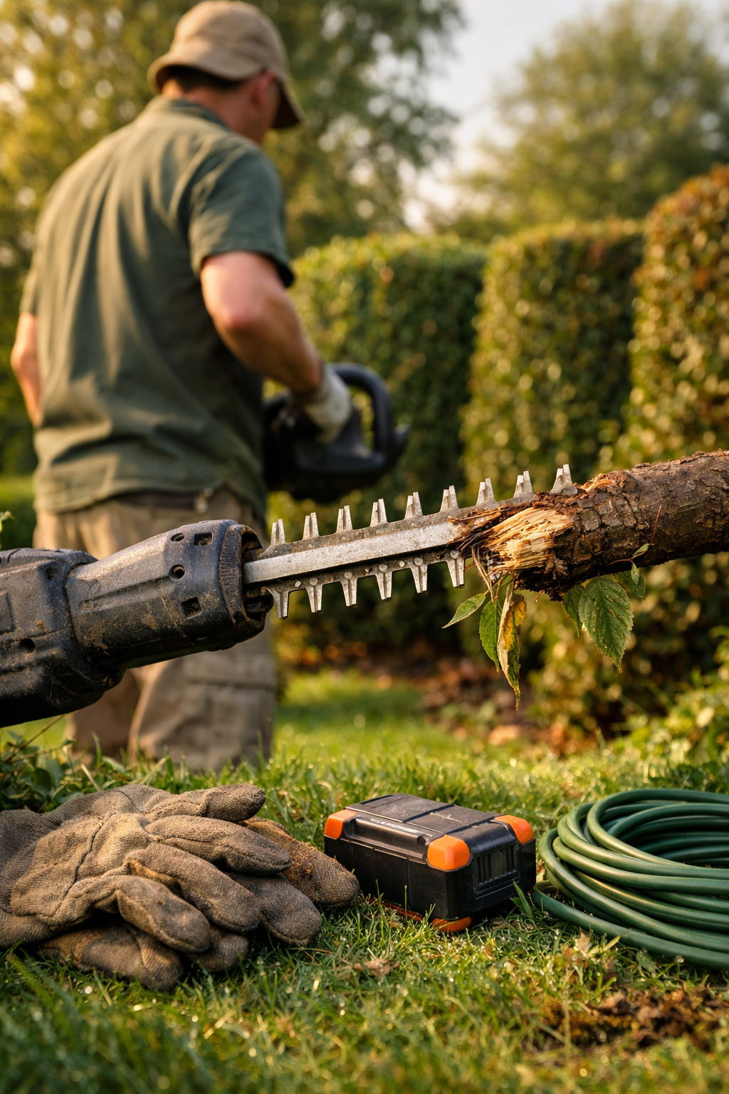 Faceless gardener with hedge trimmer pauses in a sunlit garden, surrounded by tools and trimmed hedges.