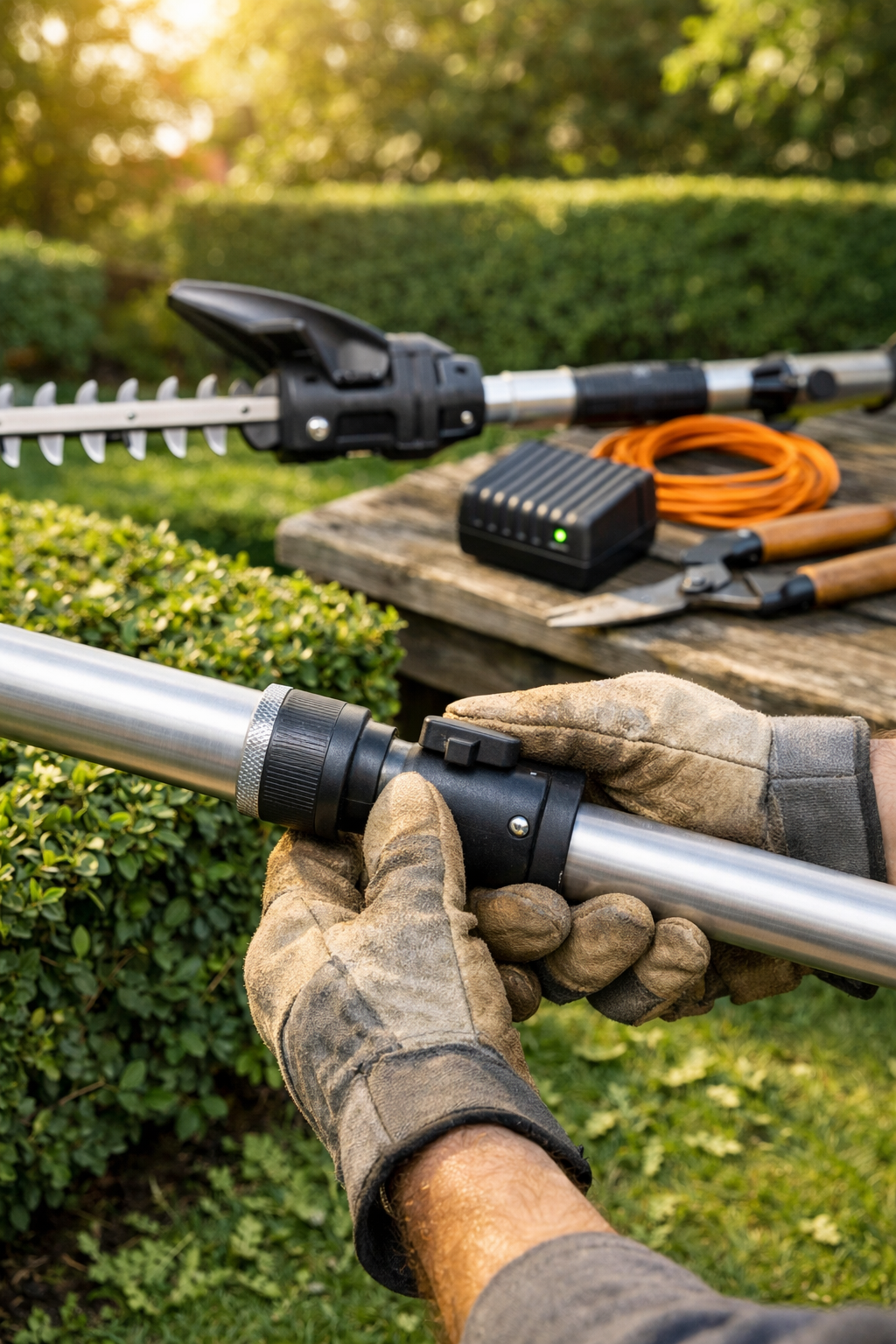 Gloved hands attach a telescopic pole to a hedge trimmer, set in a sunlit garden with trimmed hedges and tools nearby.