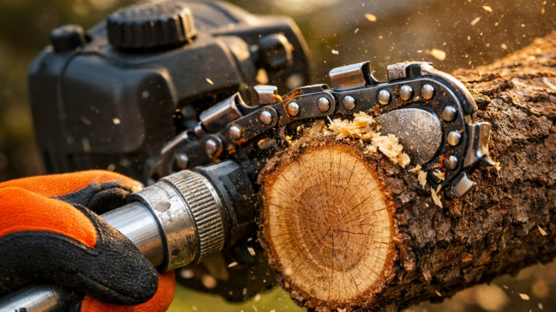 Extreme macro of a pole saw chain biting into a tree branch, showcasing sharp teeth, wood shavings, and a gloved hand.