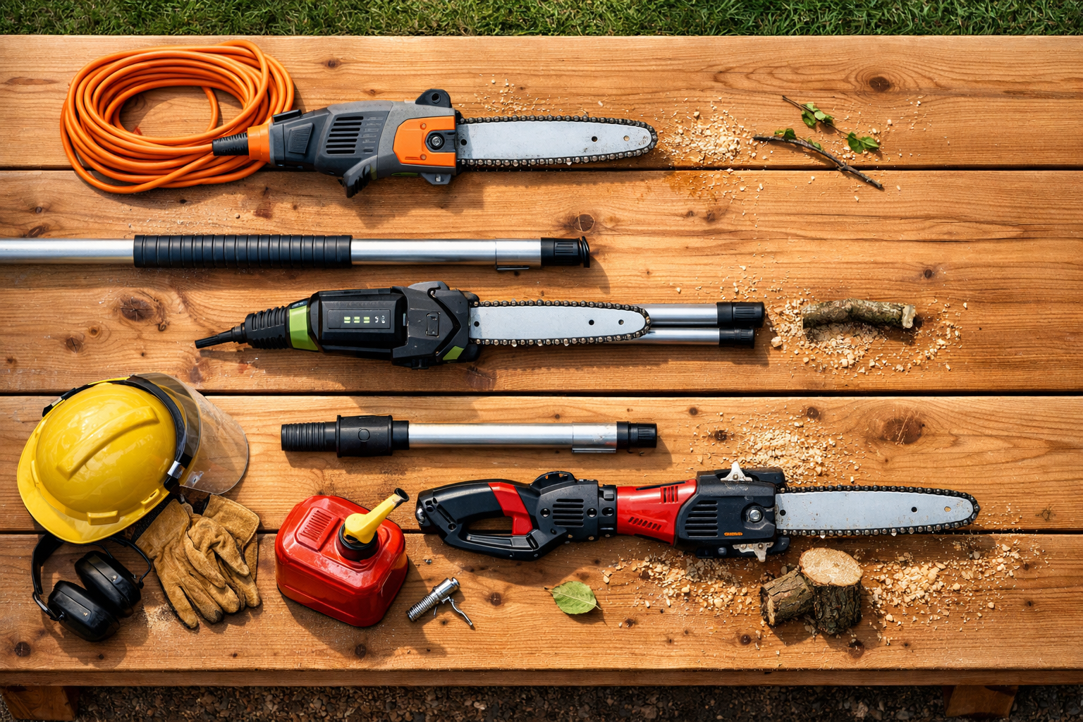 Overhead view of a cedar workbench with three pole saws (electric, battery, gas) and safety gear, sunlit and detailed.