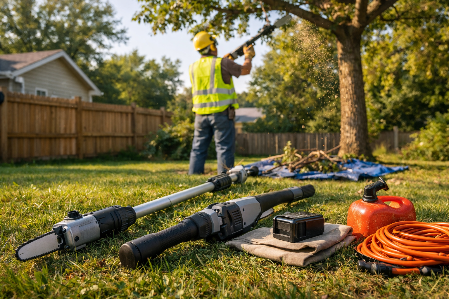 A homeowner uses a pole saw to trim an oak limb in a sunlit suburban yard, with tools and safety gear nearby.