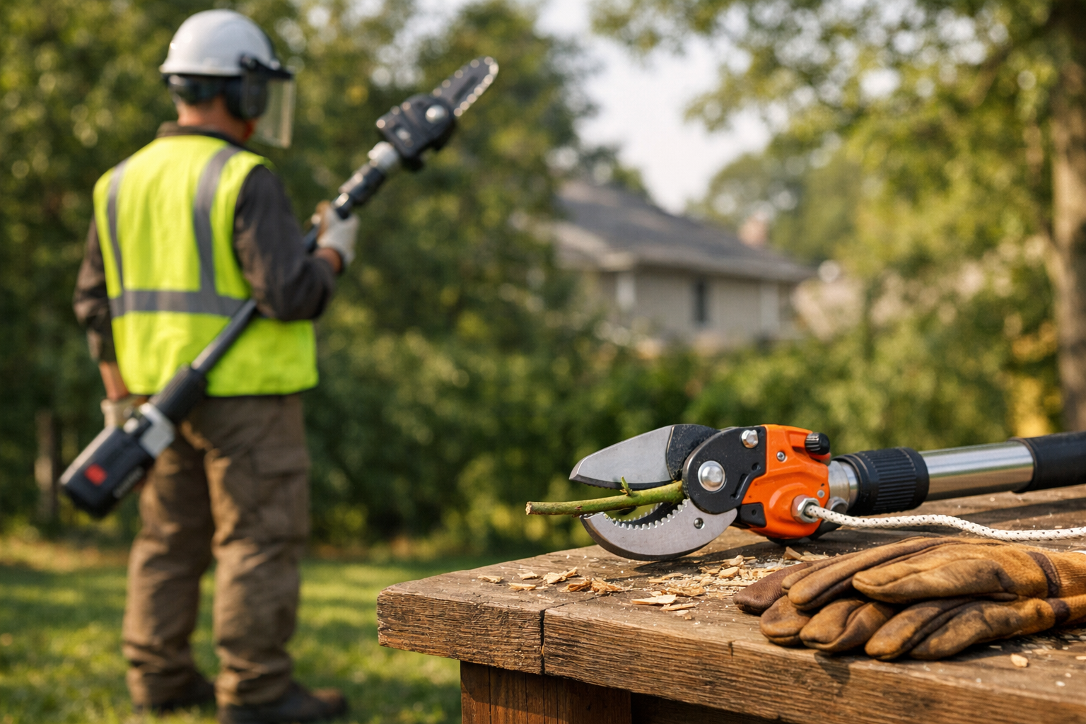 A homeowner in safety gear uses a pole saw, next to a pruner on a workbench, in a sunlit residential yard.