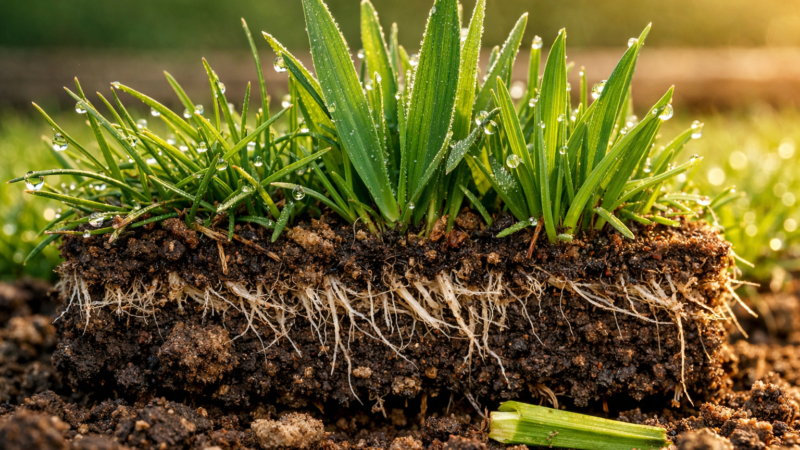Extreme macro view of types of lawn showing Bermuda, tall fescue, and Kentucky bluegrass with roots and soil details.