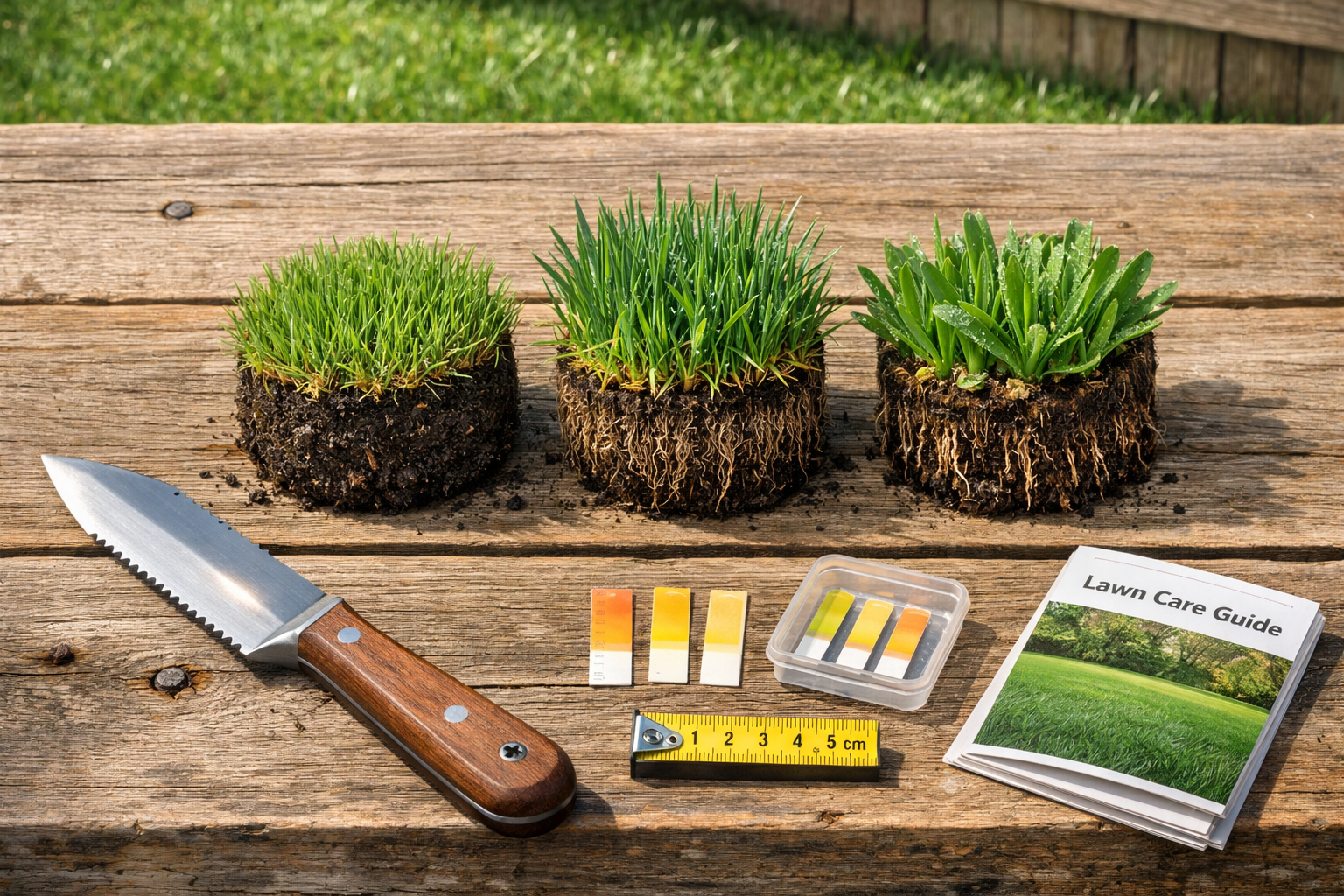 Overhead view of types of lawn in turf cores on a sunlit picnic table, with soil knife and pH strips nearby.