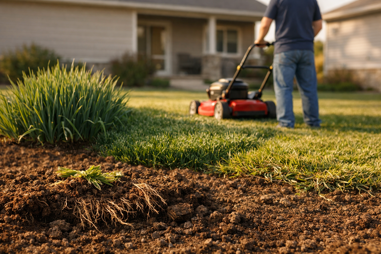 A sunlit suburban lawn showcases types of lawn: tall fescue, Kentucky bluegrass, and Bermuda grass, with a red push mower.