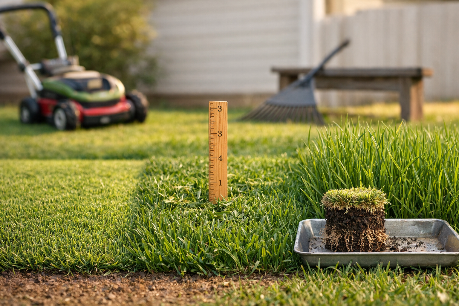 Three types of lawn: short Bermuda grass, moderate Kentucky bluegrass, and tall fescue, each with distinct mowing heights.