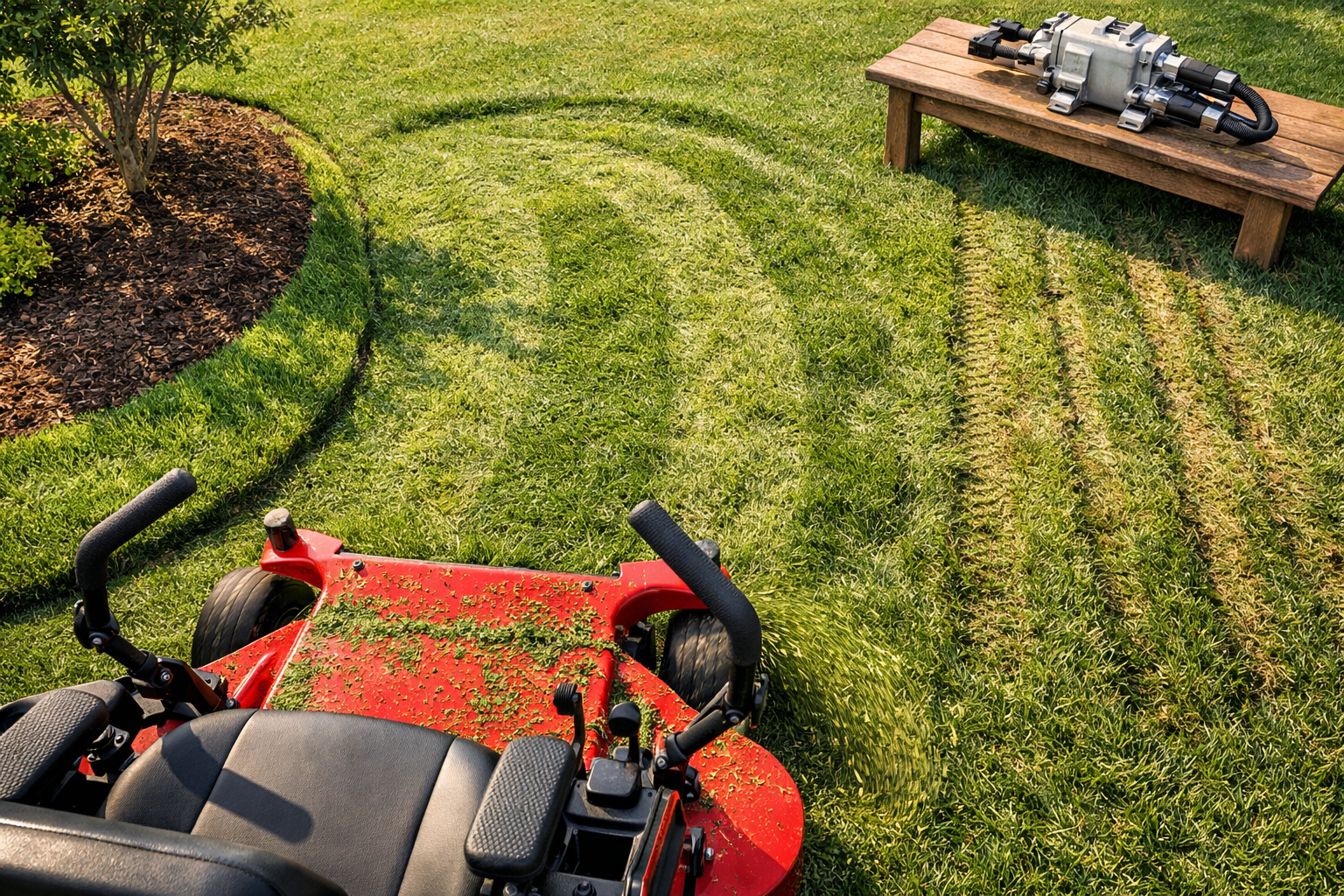 Bird's-eye view of a suburban lawn test area comparing mower ztr performance with uneven grass cut by other mowers.