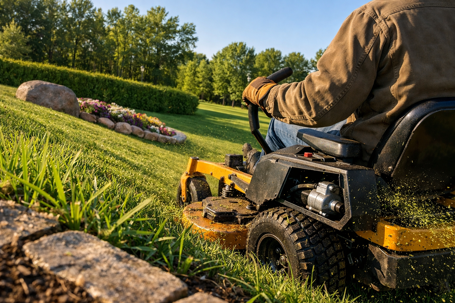 Faceless homeowner operates a mower ztr on a sloped lawn, surrounded by trees and a flower bed under a clear blue sky.