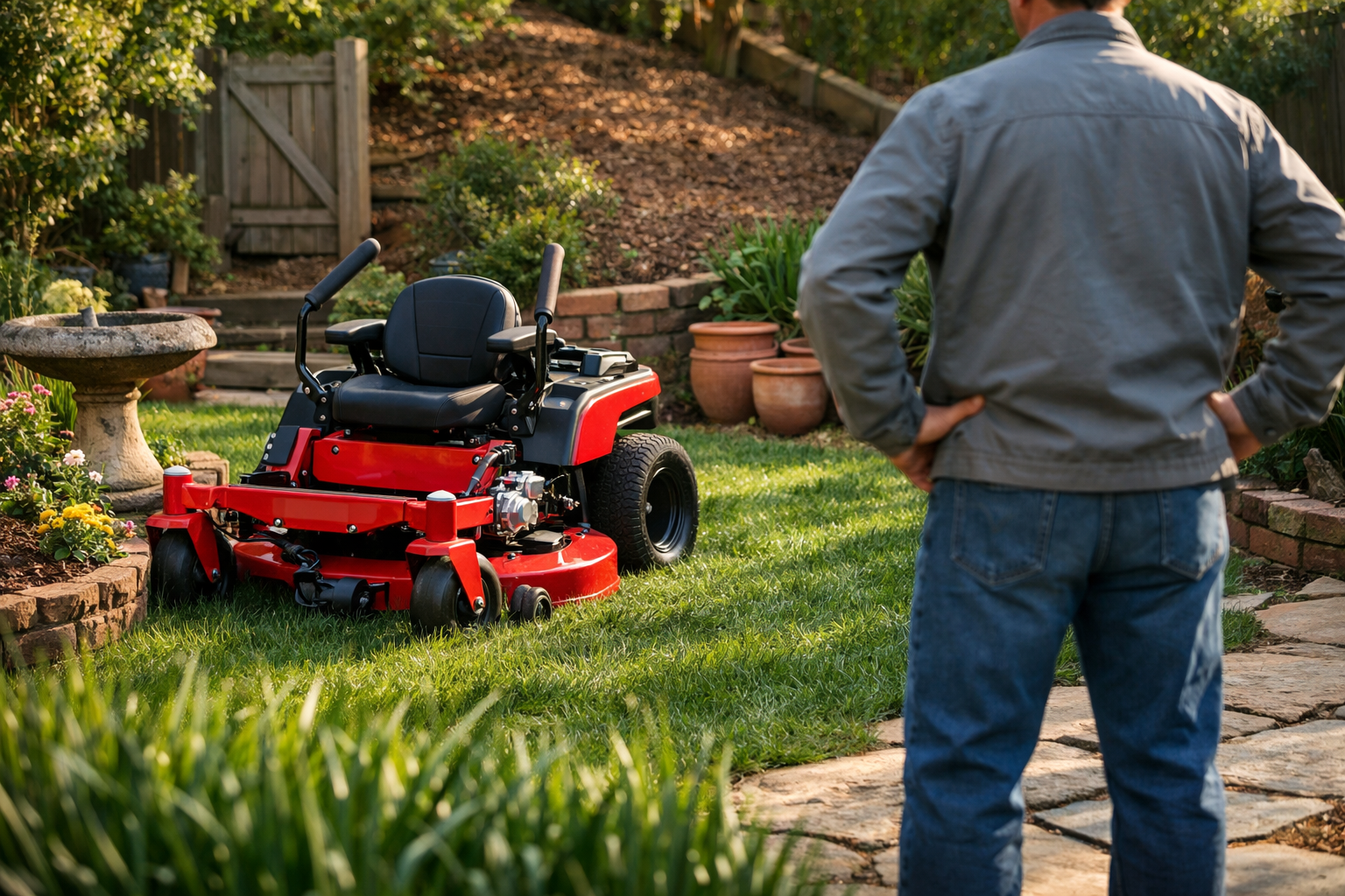 A homeowner surveys a tight, obstacle-filled yard with a parked red mower ztr, highlighting its impracticality for the space.