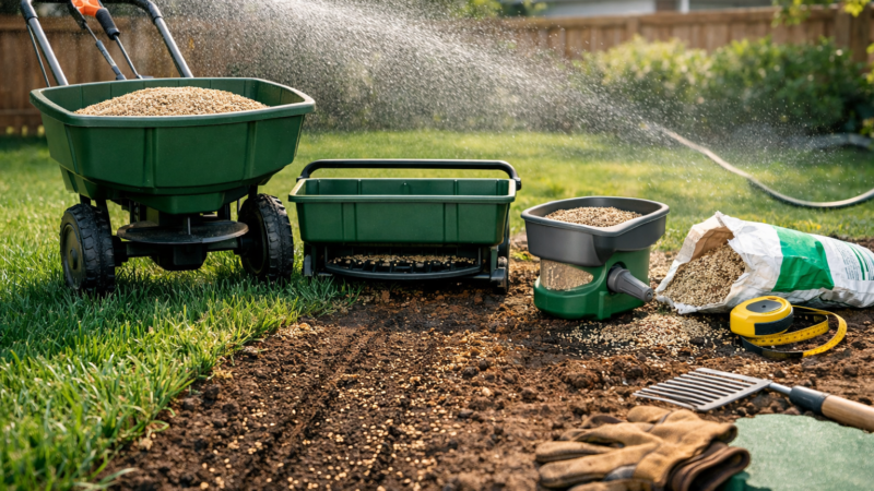 Three grass seeder tools beside overseeded lawn, bare soil, and misting hose in sunny backyard.