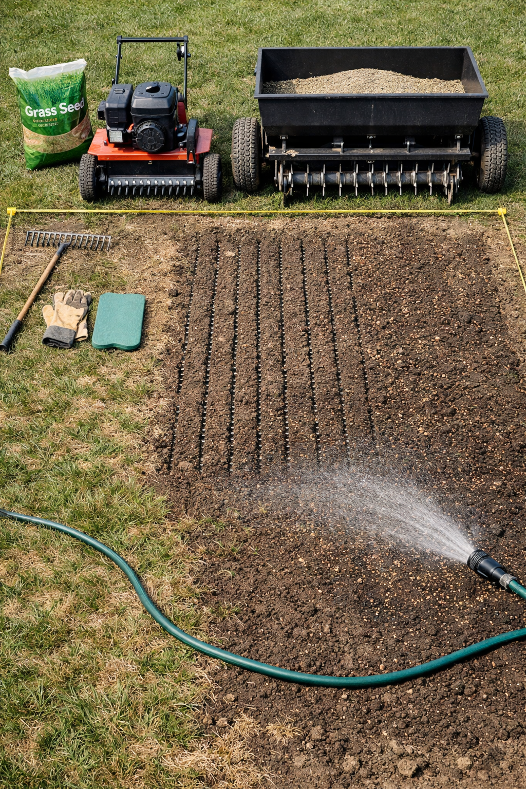 Overhead lawn renovation with grass seeder, slit-cut grooves, tools, seed bag, and overseeded turf.