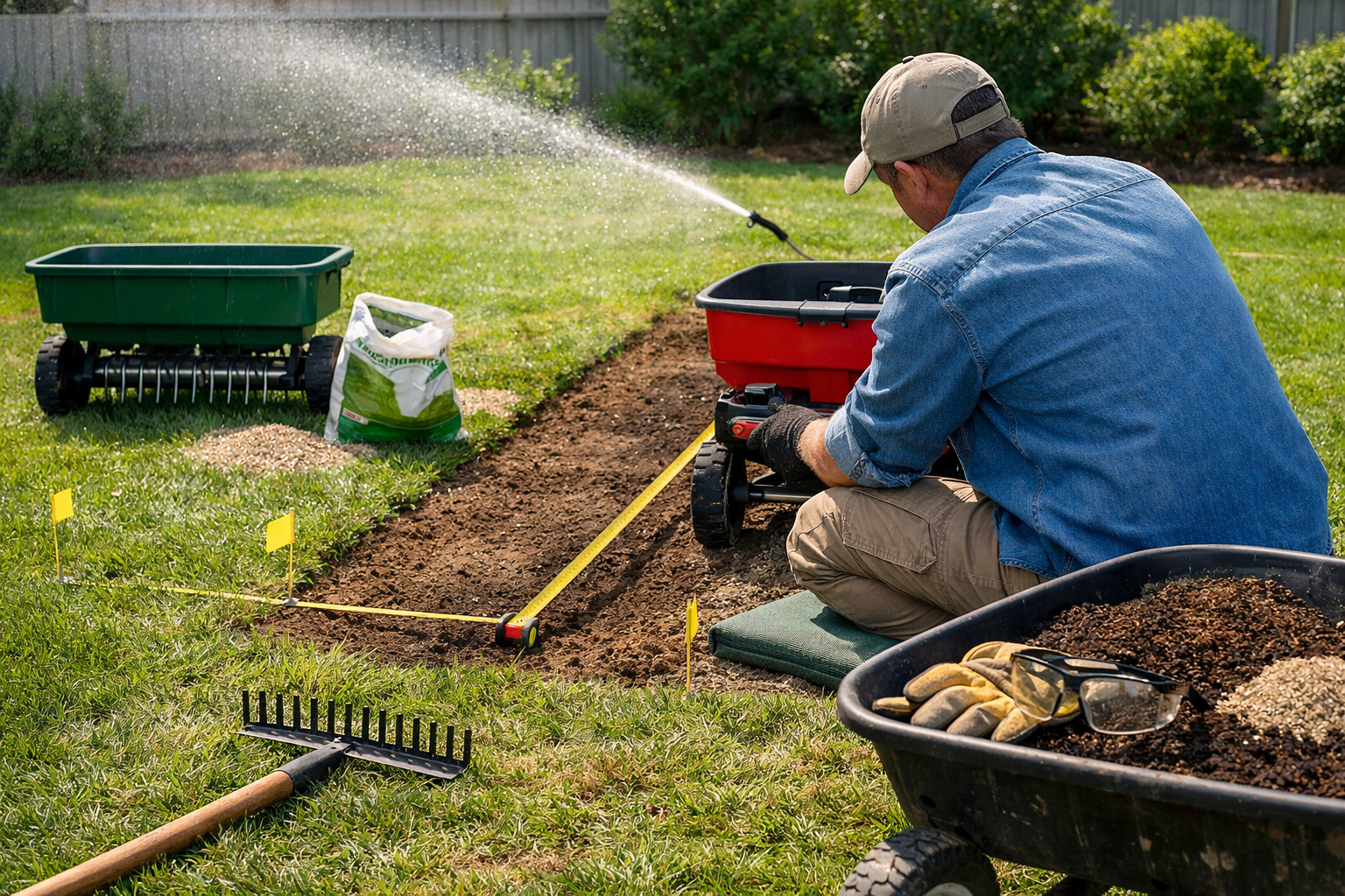 Homeowner kneels in a backyard calibrating a grass seeder beside seed bags and a patchy lawn.