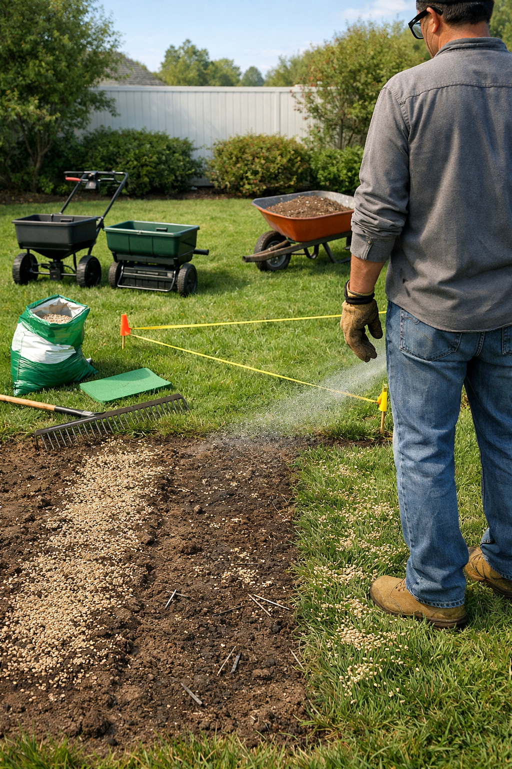 Homeowner with a grass seeder beside uneven lawn patches, seed bag, tools, and hose in a backyard.