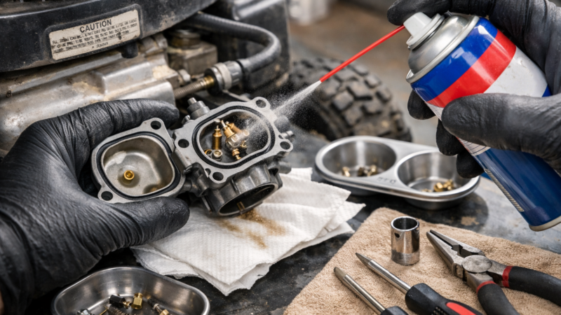 clean carburetor on lawn mower being serviced on workbench with hands, tools, and spray cleaner