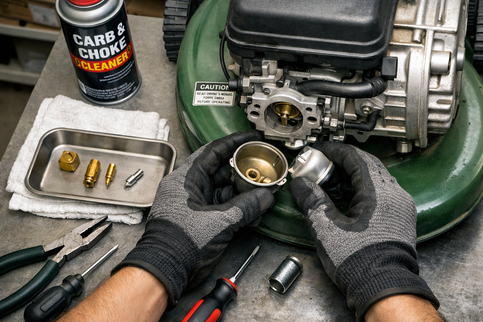 clean carburetor on lawn mower being disassembled with gloved hands and tools on a workbench