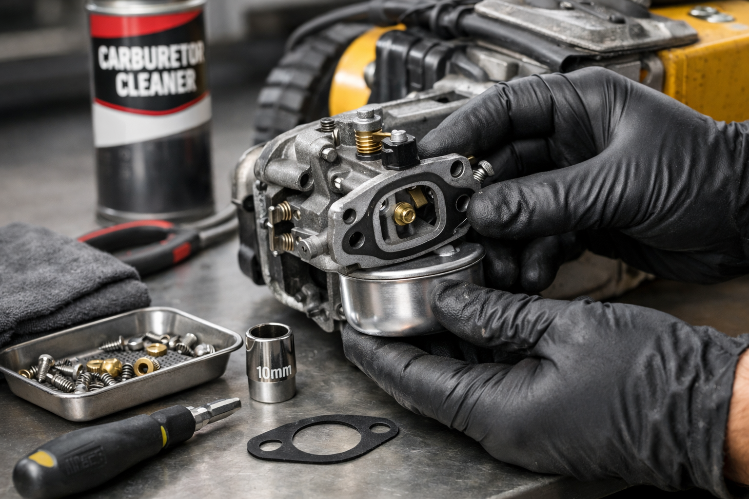 Gloved hands reinstall a clean carburetor on lawn mower engine on a workbench, with tools and parts nearby.