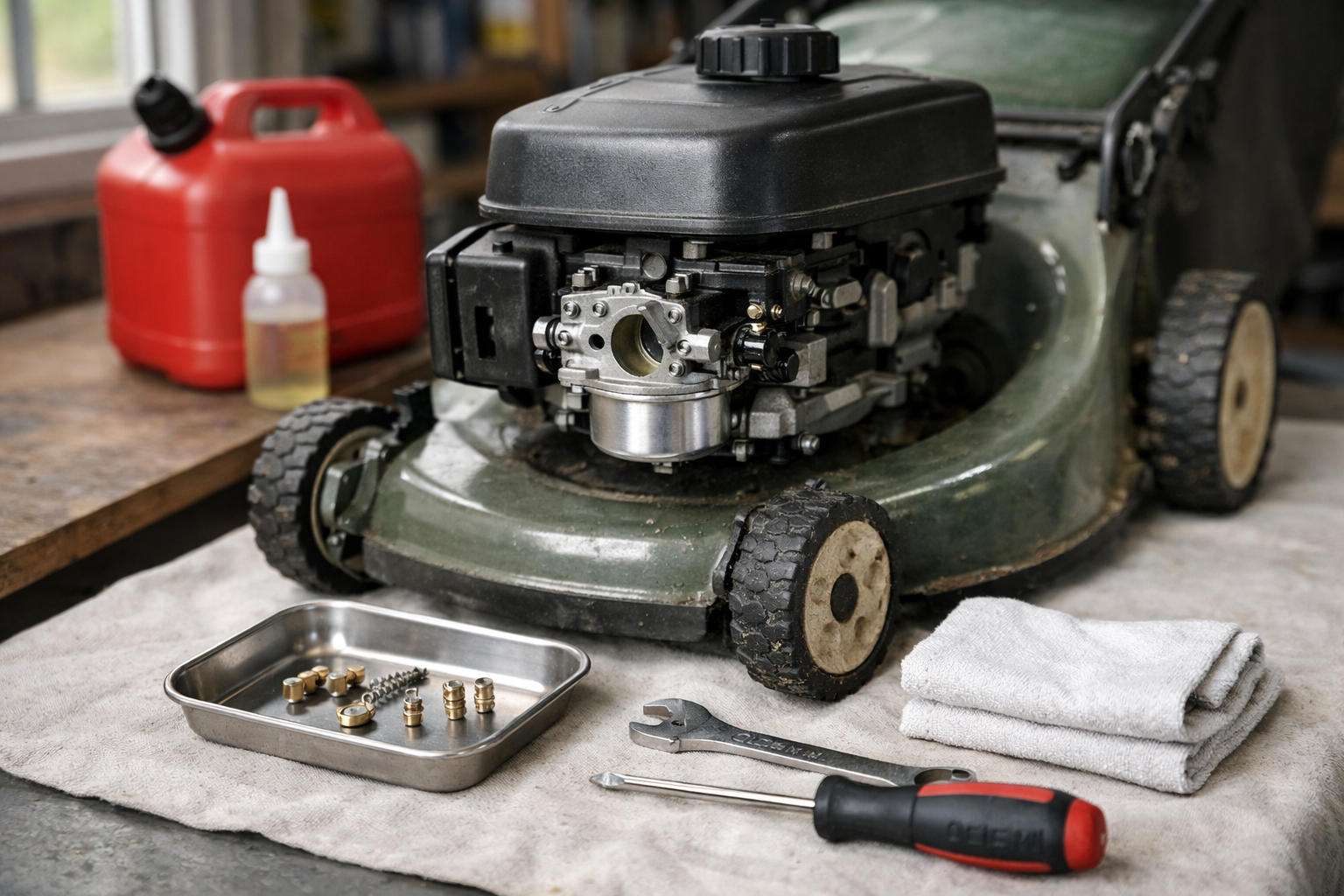 clean carburetor on lawn mower beside tools, rag, and fuel can in a tidy garage workshop