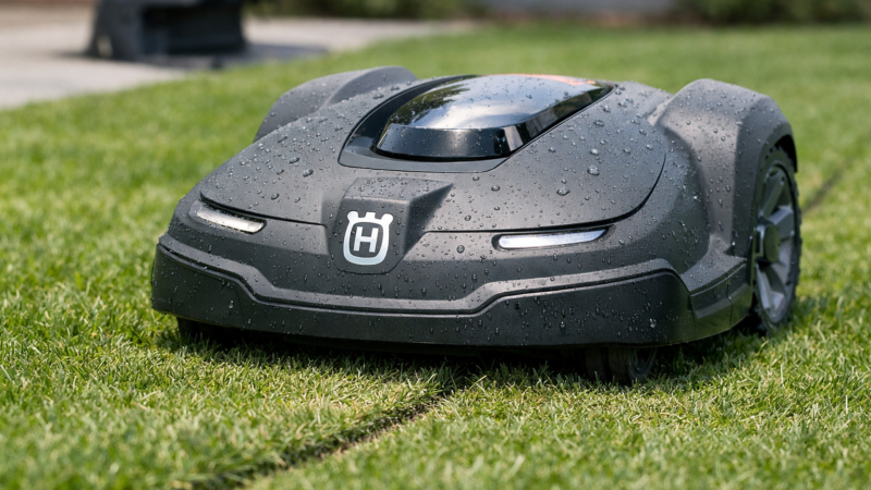 automower robot gliding across a wet, neatly trimmed lawn near its dock