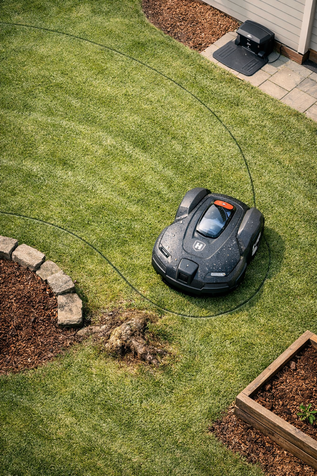 Top-down backyard with automower robot turning on boundary wire near dock and stones.