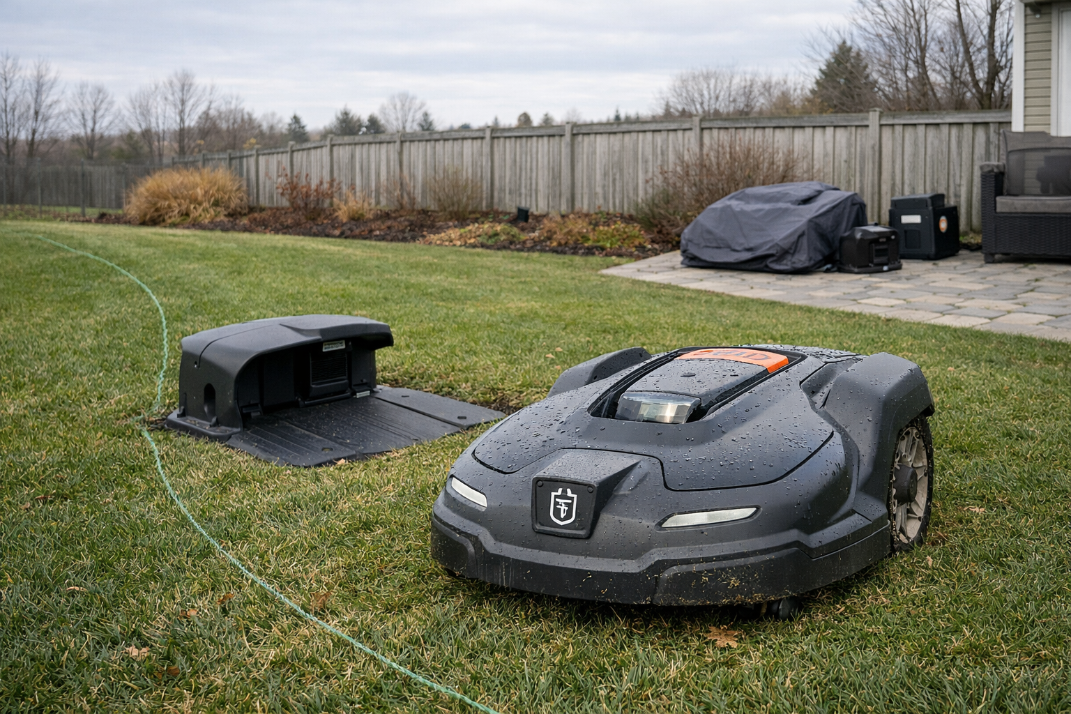 Automower robot parked by charging dock on a neat autumn lawn with winter cover nearby