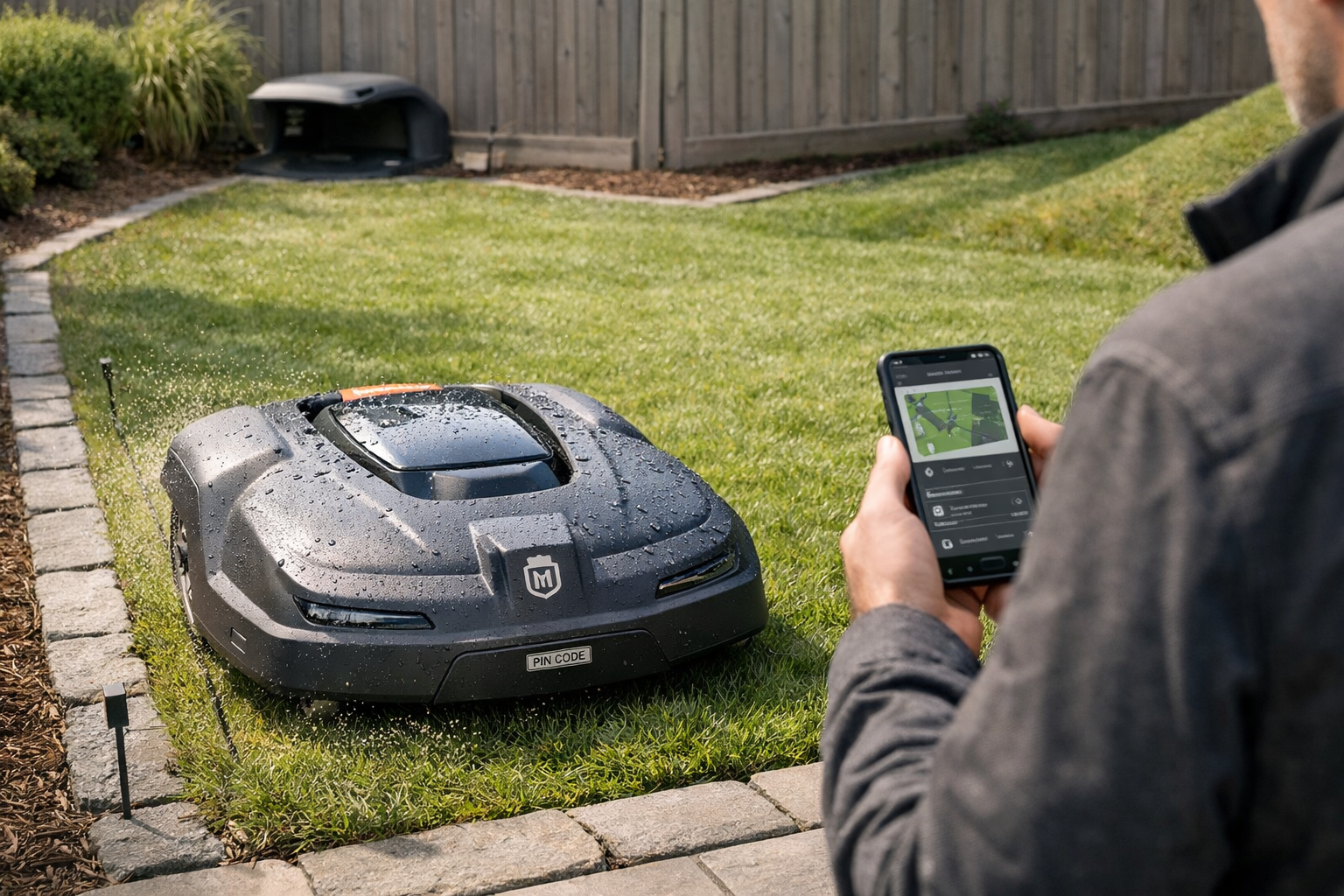 Automower robot mowing a suburban lawn beside a homeowner using a smartphone app, with charging dock nearby.