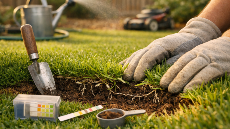 Hands part centipede grass to show shallow roots, soil line, and a trowel with pH test kit in a backyard.