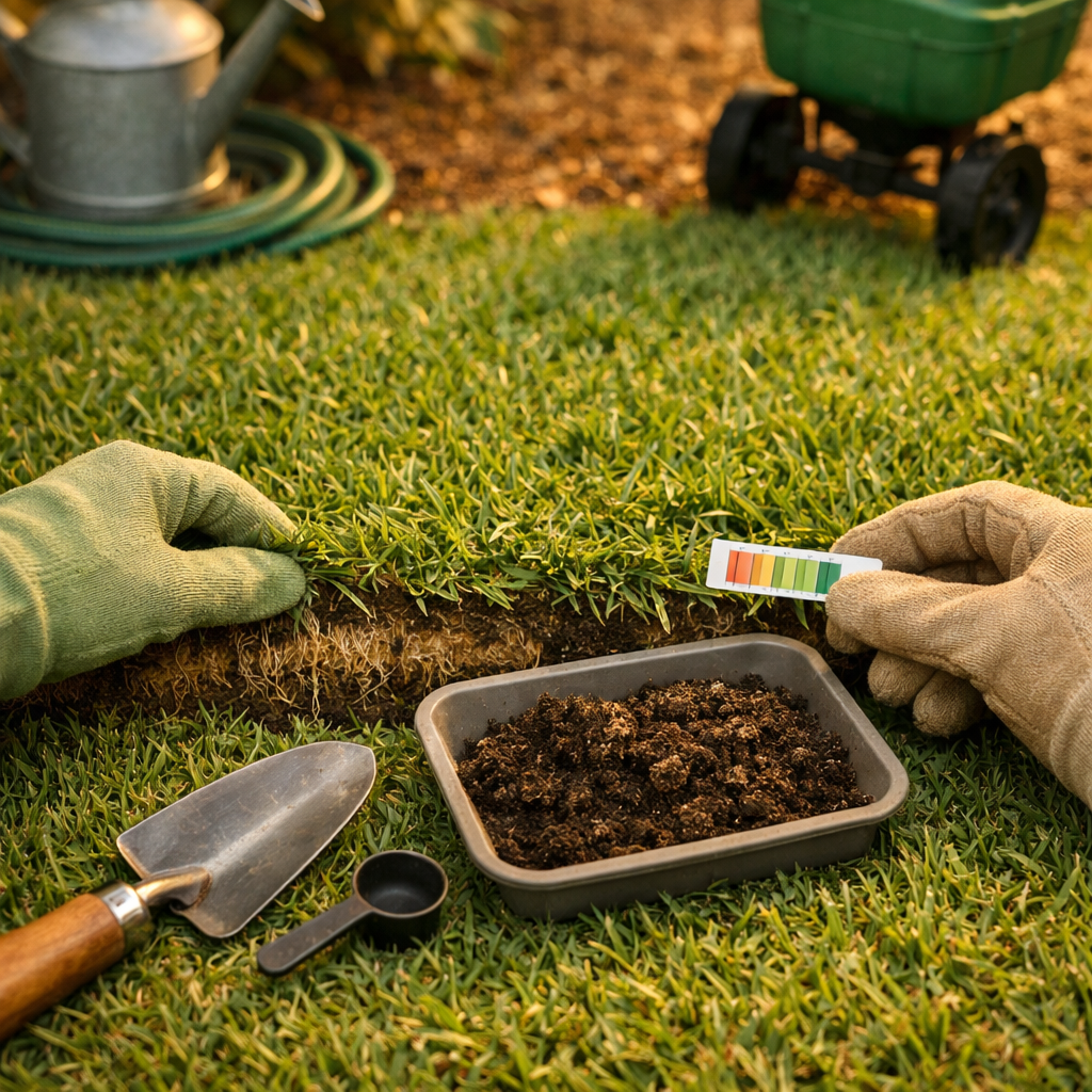 Top-down view of hands testing centipede grass soil beside lifted turf and garden tools.