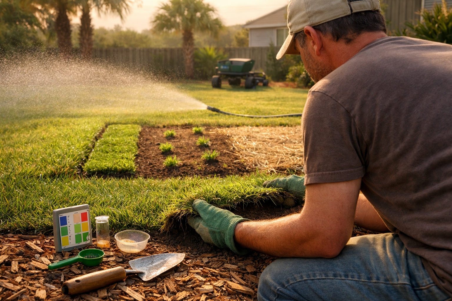 Homeowner inspects centipede grass lawn with soil test kit, plugs, sod, and gentle watering