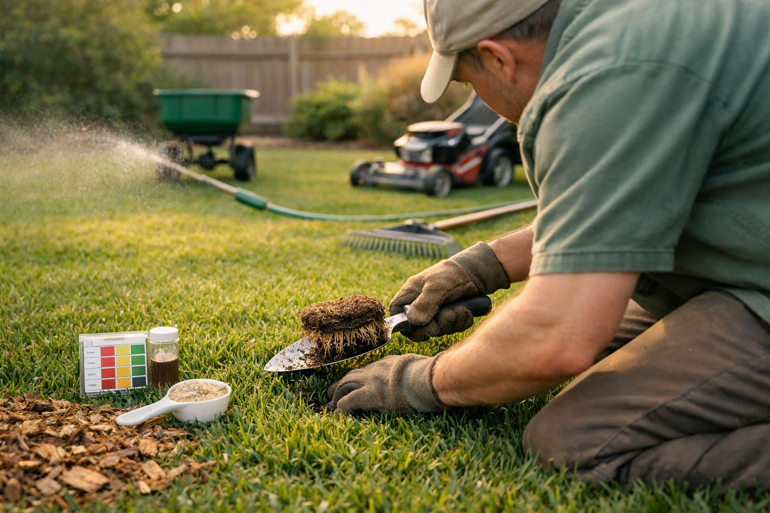 Homeowner inspects centipede grass lawn with trowel, pH kit, mower, and gentle hose mist in backyard