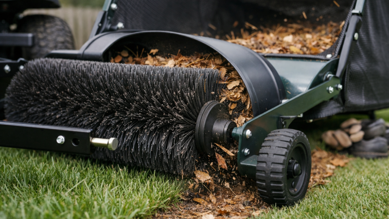Close-up of a grass sweeper brush lifting leaves into a hopper on a lawn behind a tractor.