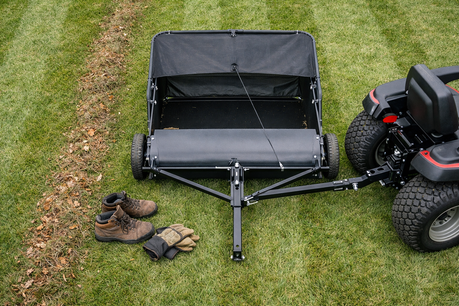 Overhead view of a grass sweeper beside a compact tractor on a mown lawn, with striped sweep marks.