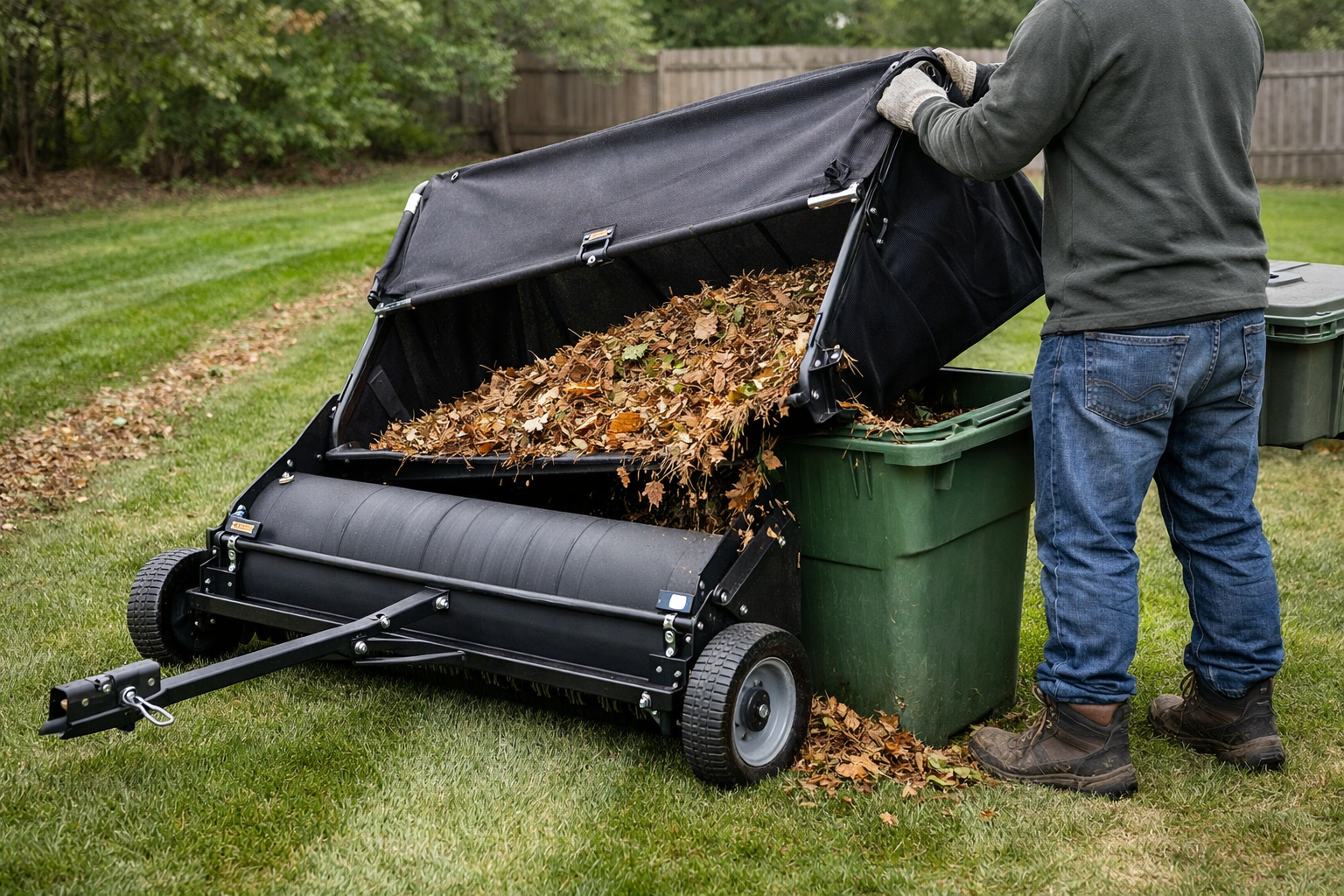 Backyard grass sweeper dumping leaves into a yard waste cart beside a tractor on a striped lawn.
