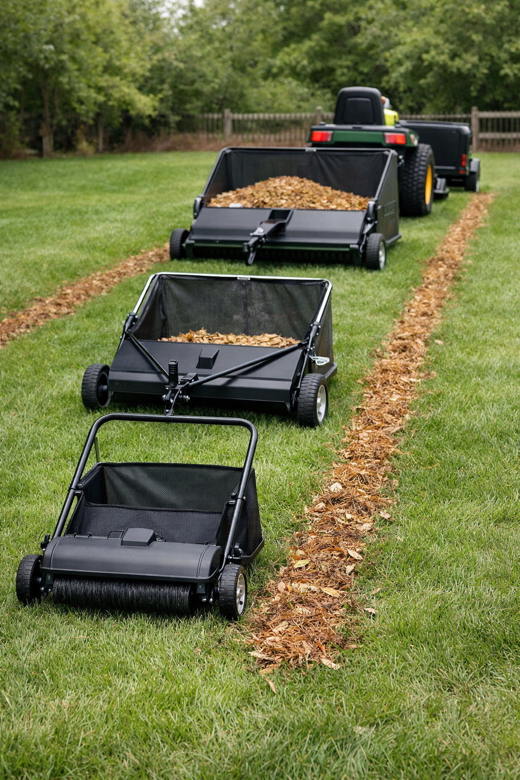 Three grass sweepers on a lawn: compact push model, midrange tow-behind, and larger tractor-hitched unit.