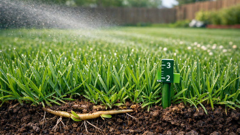 Close-up of kentucky bluegrass lawn with dew, mowing lines, and a thinning patch regrowing
