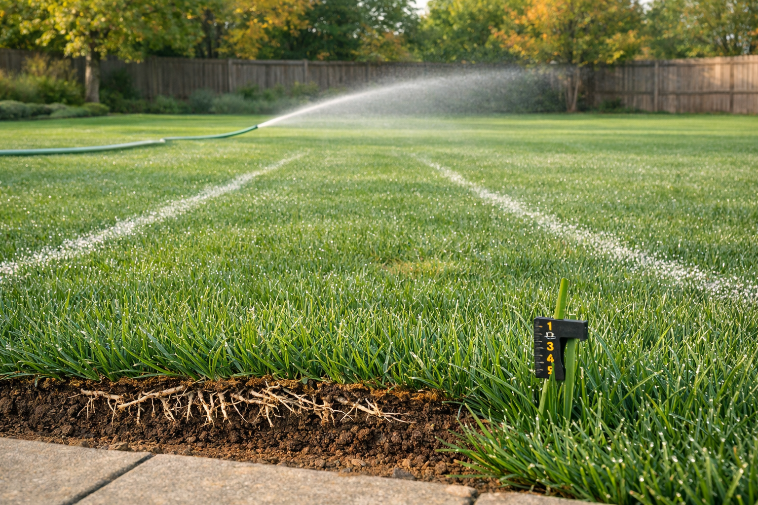kentucky bluegrass lawn with dew, fertilizer tracks, and patchy regrowth in a suburban backyard.